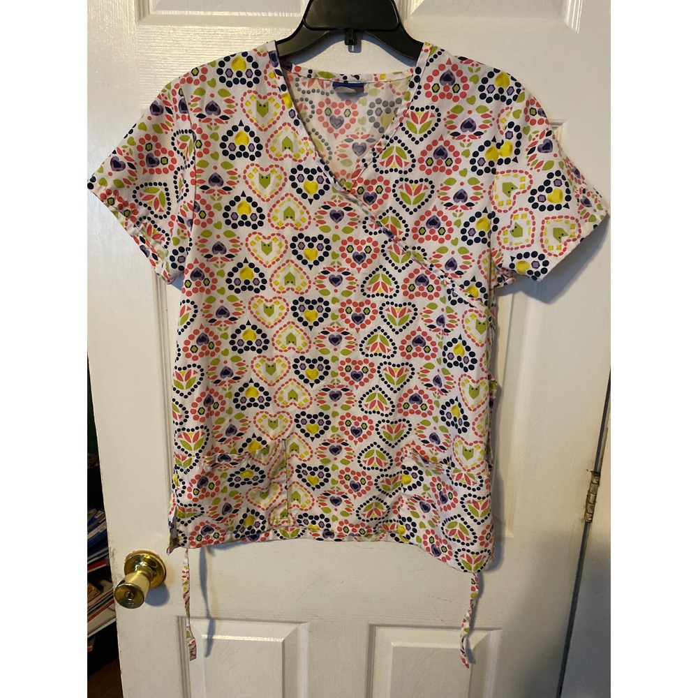 Liberty Scrubs Mock Wrap Top Heart Floral Print Medical Uniform Medium Multi